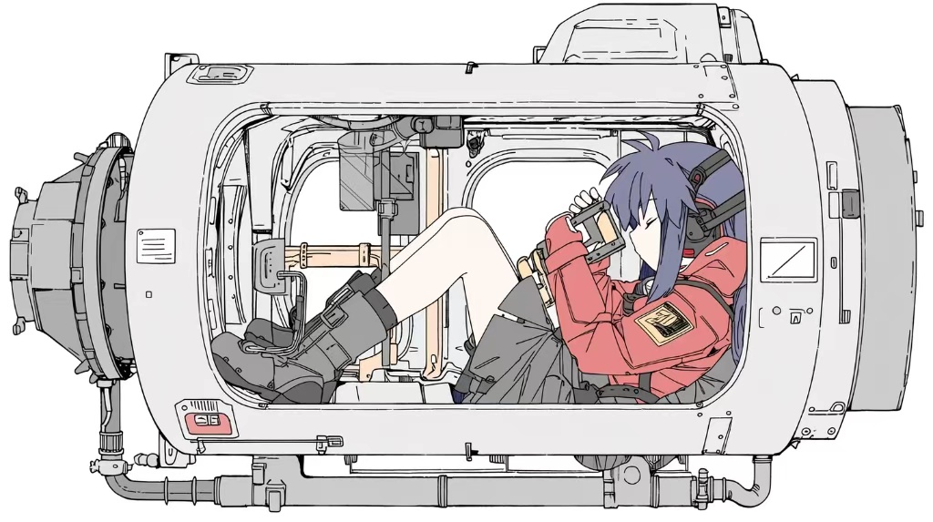 Girl resting inside a sci-fi capsule pod