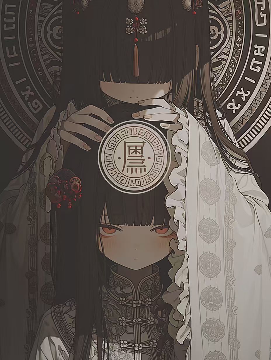 Character portrait - mysterious girl with ancient Eastern motifs and crimson eyes