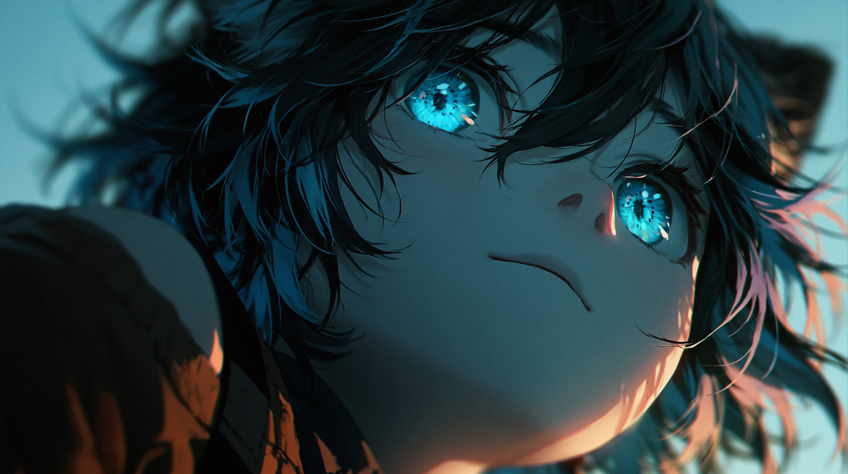 Hero visual - character close-up with luminous blue eyes