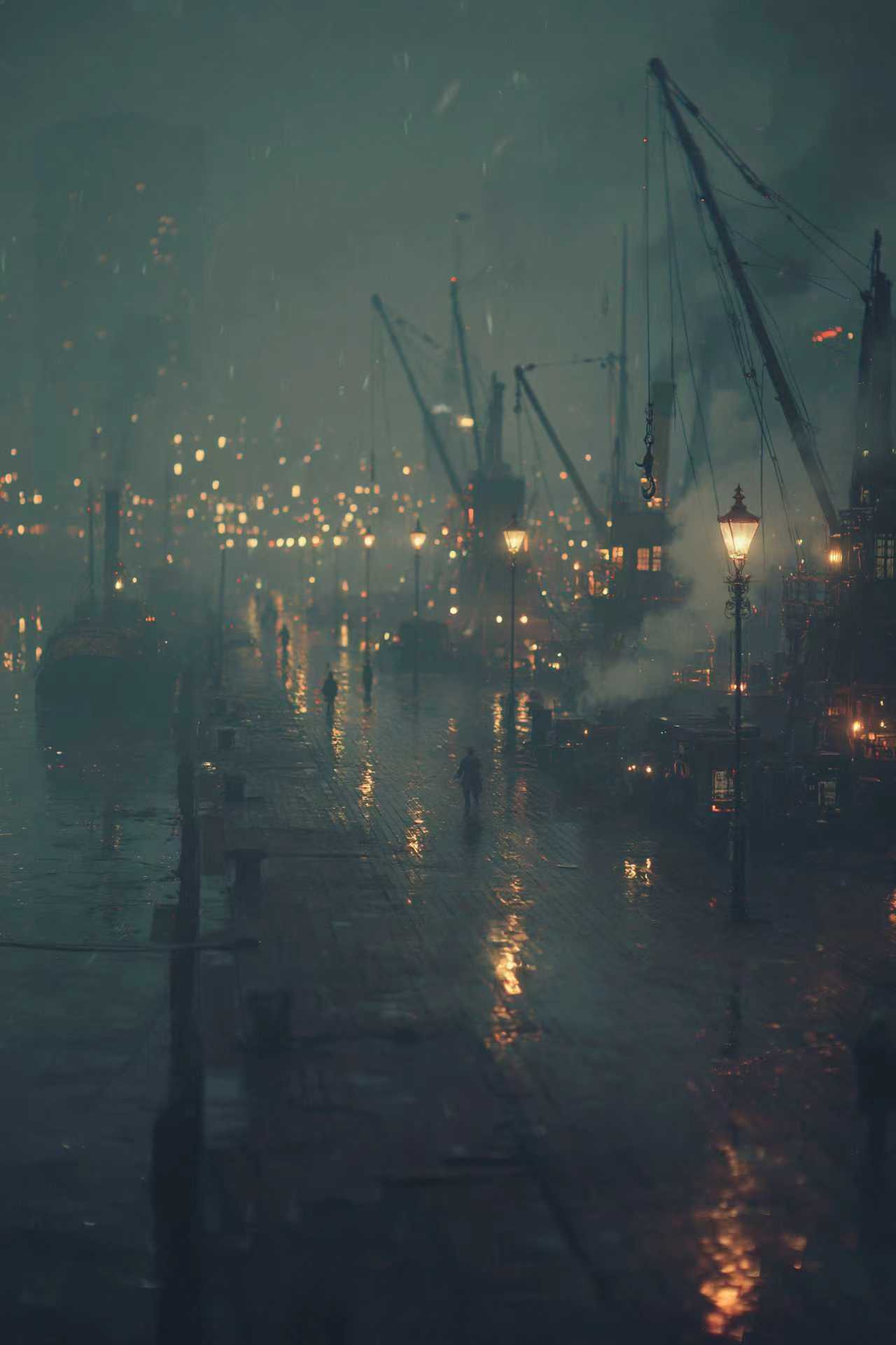 Rain-soaked dockyard at night with glowing lanterns and industrial cranes