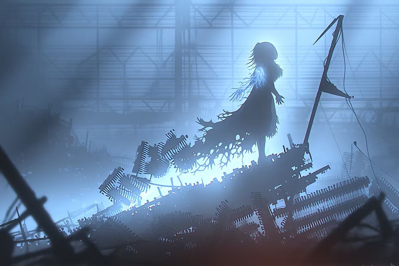 Silhouette of a girl standing atop ruins with ethereal blue backlight